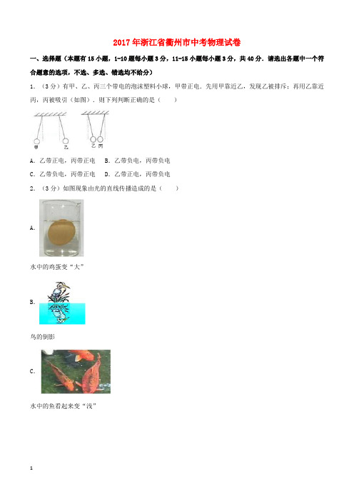 浙江省衢州市2017年中考物理真题试题(含解析)