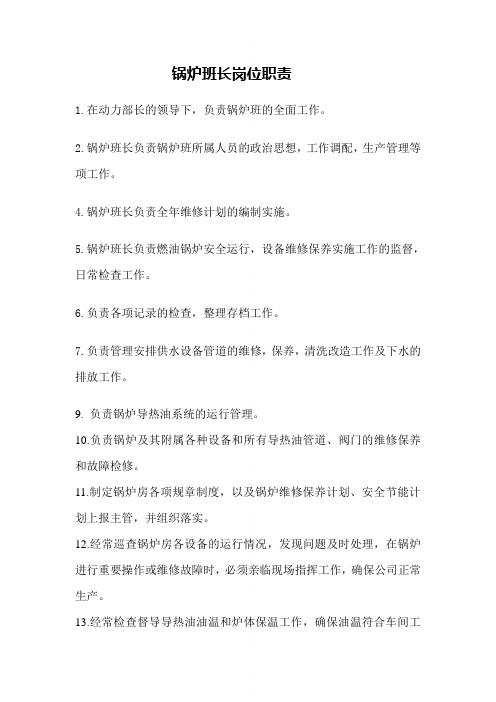 锅炉班长、司炉工、维修工岗位职责及任职条件