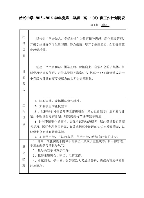 2015至2016年度第一学期高一6班班主任工作计划1