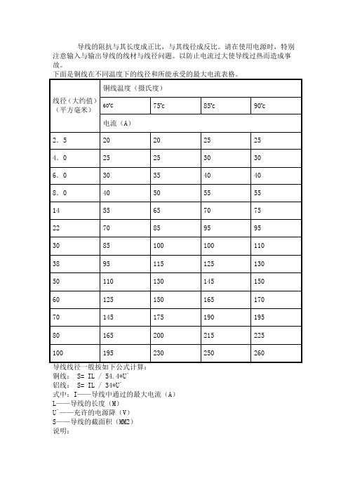 导线线径与电流规格