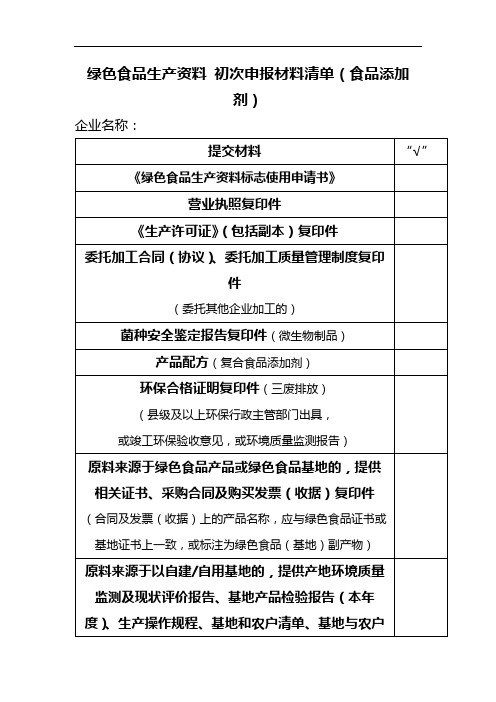 绿色食品生产资料初次申报材料清单(食品添加剂)【模板】