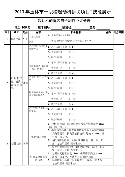 起动机的拆装与检测作业评分表