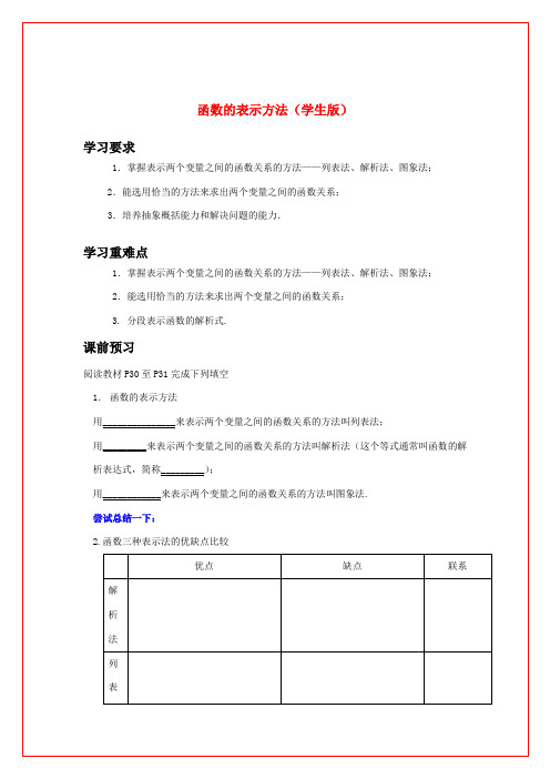 高中数学 第二章函数的表示方法导学案 苏教版必修1(学生版)