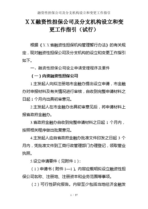 融资性担保公司及分支机构设立和变更工作指引
