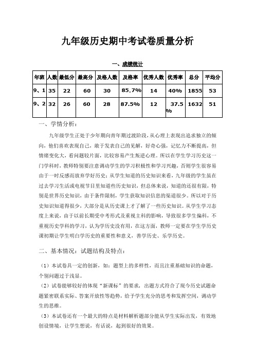 八年级历史月考试卷质量分析