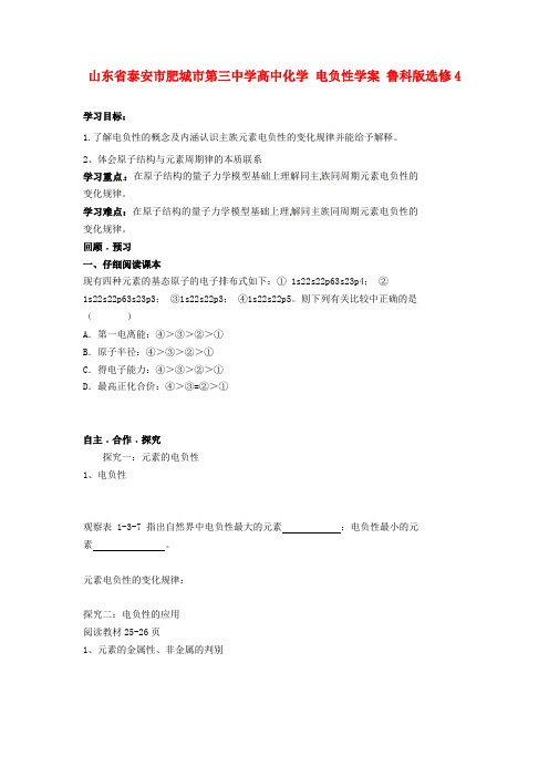 山东省泰安市肥城市第三中学高中化学 电负性学案 鲁科