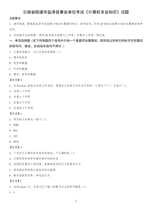 云南省昭通市盐津县事业单位考试《计算机专业知识》试题