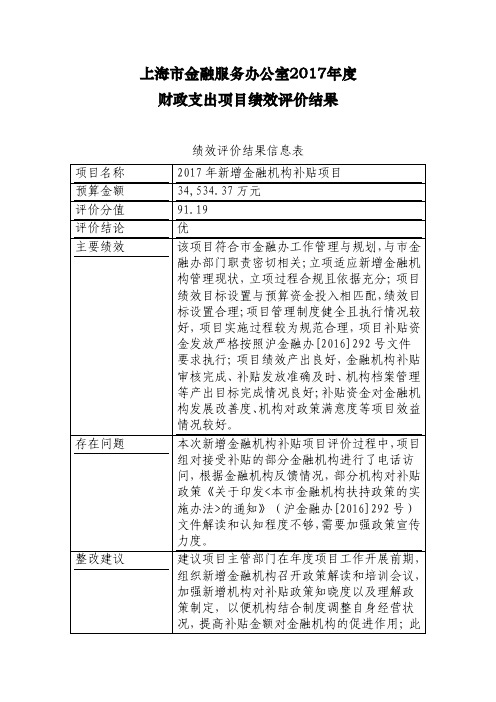 上海金融服务办公室2017年财政支出项目绩效-上海金融办