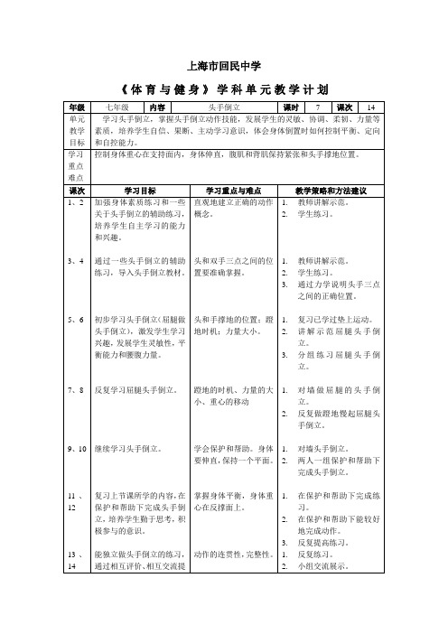 头手倒立单元教学计划