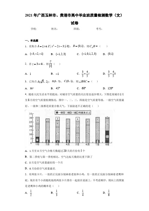 2021届广西玉林市、贵港市高中毕业班质量检测数学(文)试卷