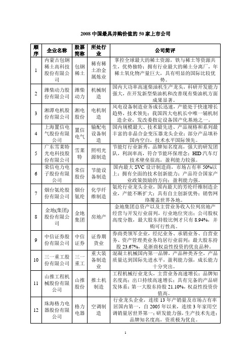 中国最具并购价值的50家上市公司