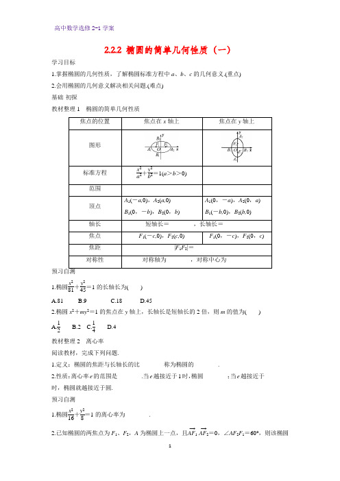 高中数学选修2-1优质学案10：2.2.2 椭圆的简单几何性质(一)