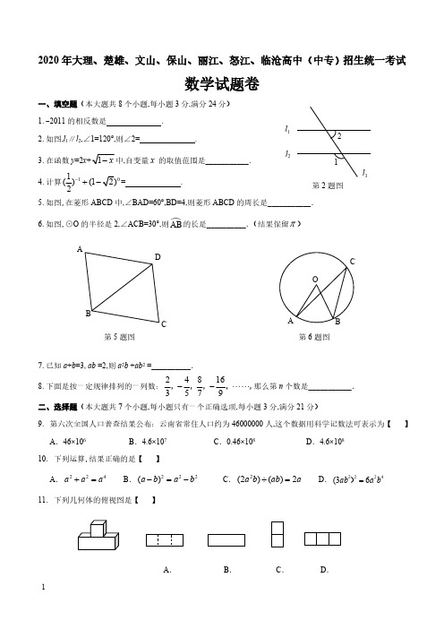 2020年中考大理、楚雄、文山、保山、丽江、怒江、临沧数学卷