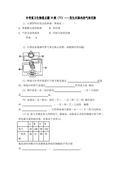 中考复习生物重点题30例(75)——发生在肺内的气体交换