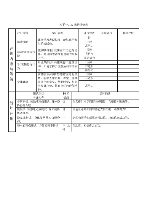 水平一、快速跑30米教学评价表