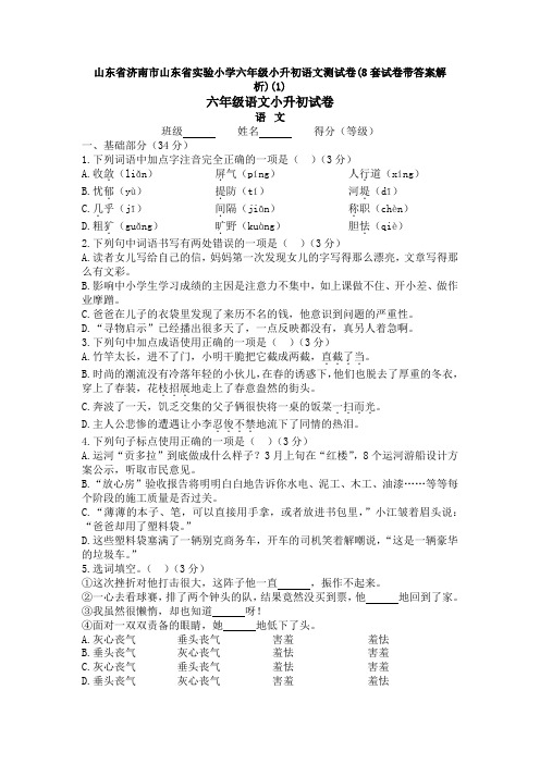 山东省济南市山东省实验小学六年级小升初语文测试卷(8套试卷带答案解析)(1)