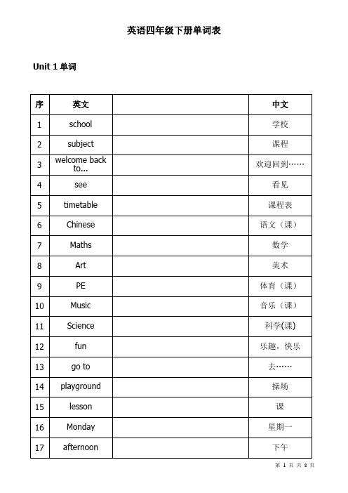 (完整版)苏教版四年级下册英语单词表