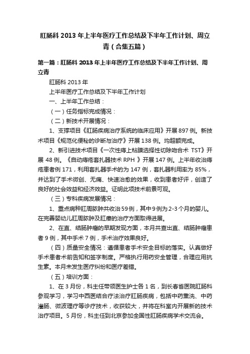 肛肠科2013年上半年医疗工作总结及下半年工作计划、周立青（合集五篇）