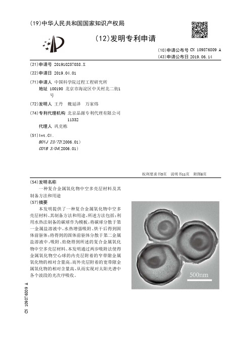 【CN109876809A】一种复合金属氧化物中空多壳层材料及其制备方法和用途【专利】