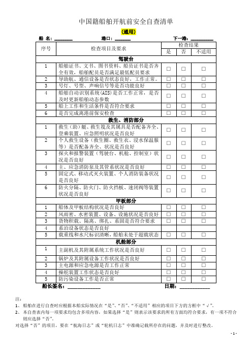 中国籍船舶开航前安全自查清单