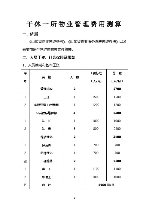 干休所物业管理费用测算