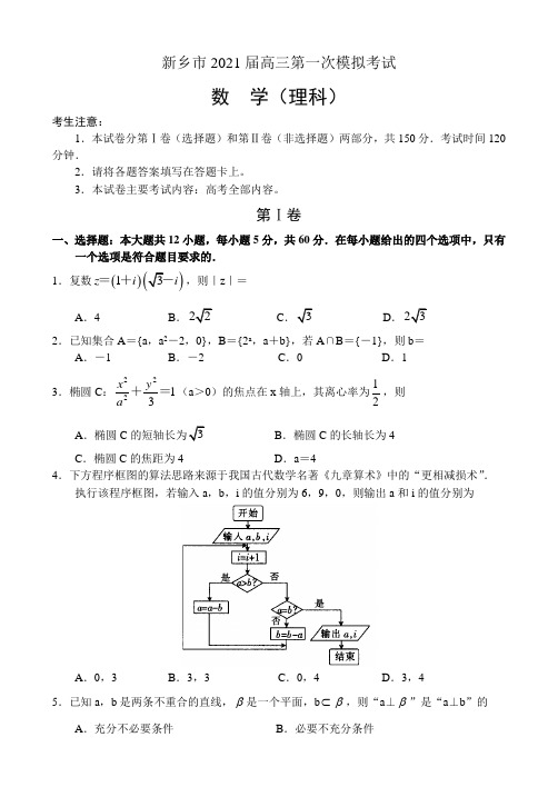 河南省新乡市2021届高三第一次模拟考试——数学(理)