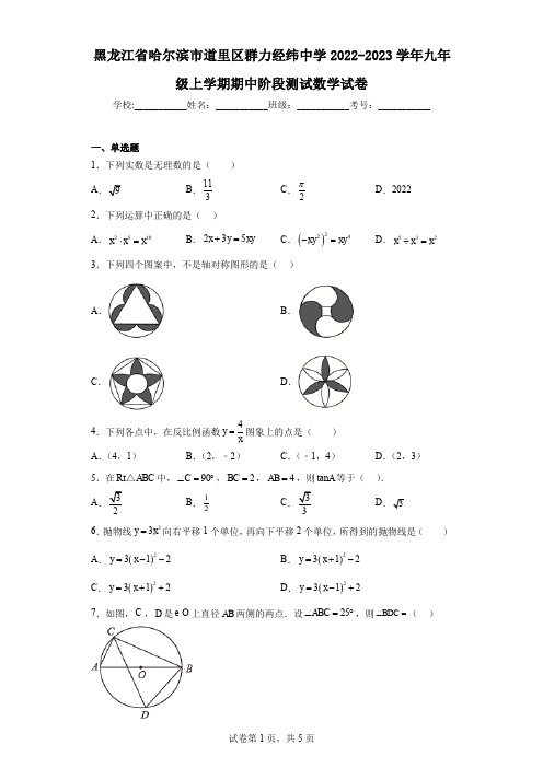 黑龙江省哈尔滨市道里区群力经纬中学2022-2023学年九年级上学期期中阶段测试数学试卷