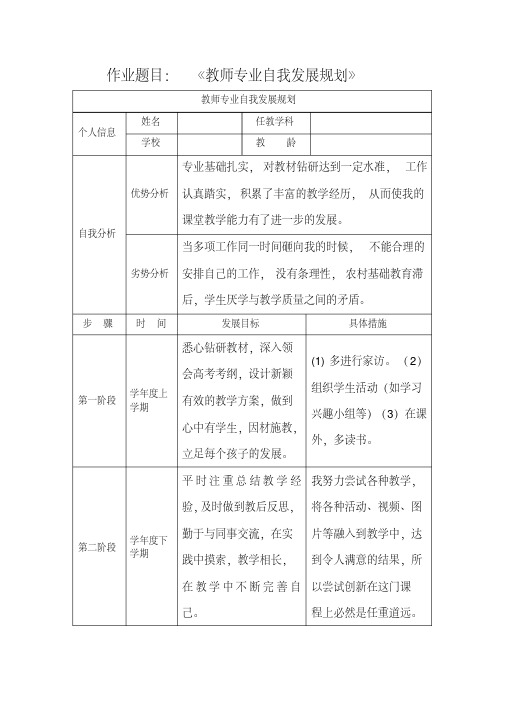 中小学幼儿园教师网络远程全员培训项目模块一作业:《教师专业自我发展规划》(模板)(2020年最新)