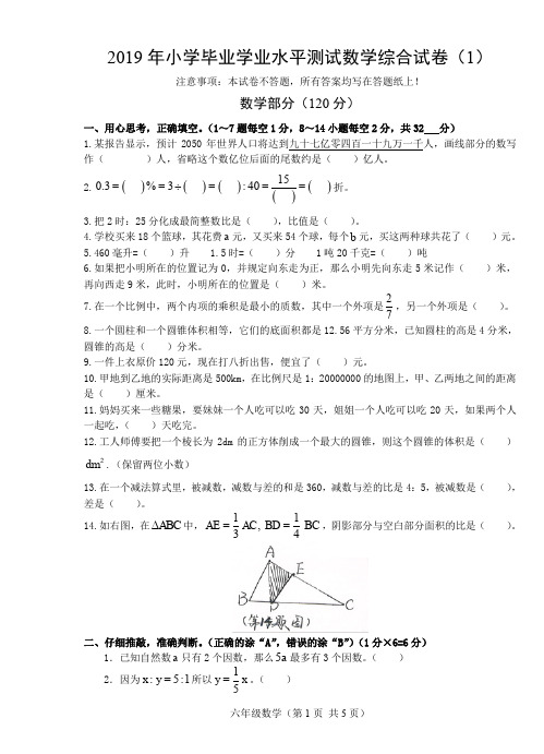 2019年小学毕业学业水平测试数学综合试卷(9)