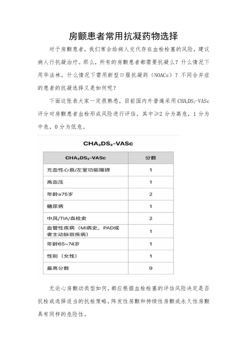 房颤患者常用抗凝药物选择