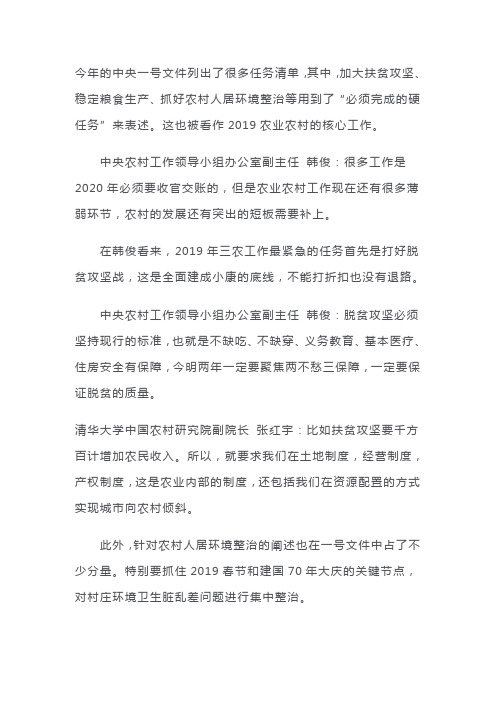 中央一号文件权威解读：2019年硬仗多 脱贫攻坚不延误.doc