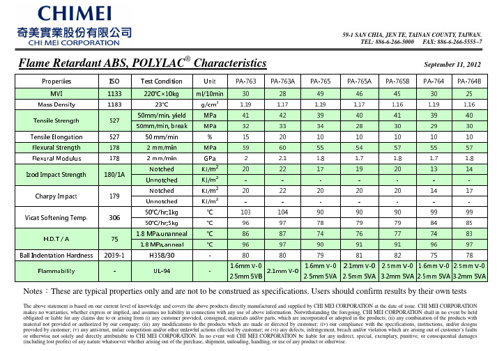 ABS 台湾奇美 PA-765_765A_765B 物性数据表