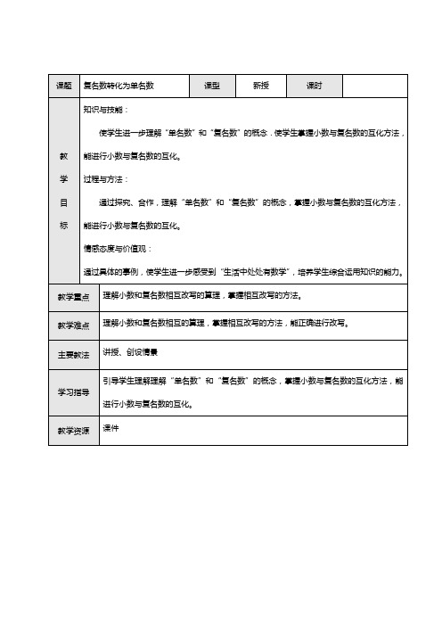 复名数转化成单名数 四年级数学教案  小学数学教案 小学教案