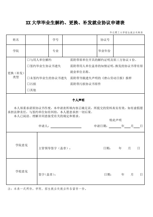 XX大学毕业生解约、更换、补发就业协议申请表