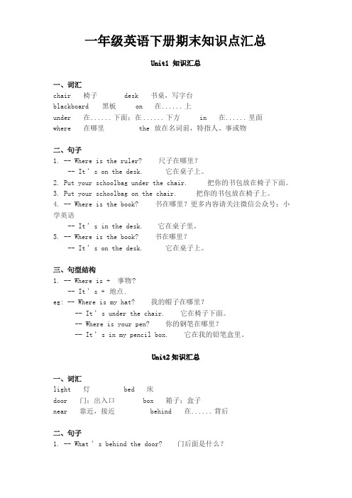 一年级英语下册期末知识点汇总(人教新起点)