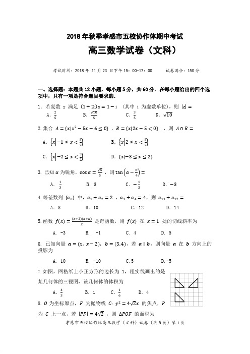 湖北省孝感市重点高中协作体2019届高三上学期期中联考考试文科数学(有答案)(精选)