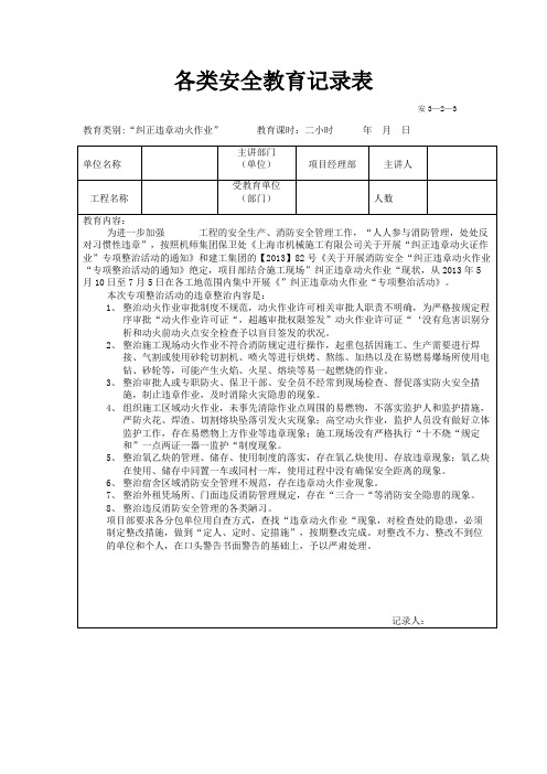 各类安全教育记录表(纠正违章动火作业)