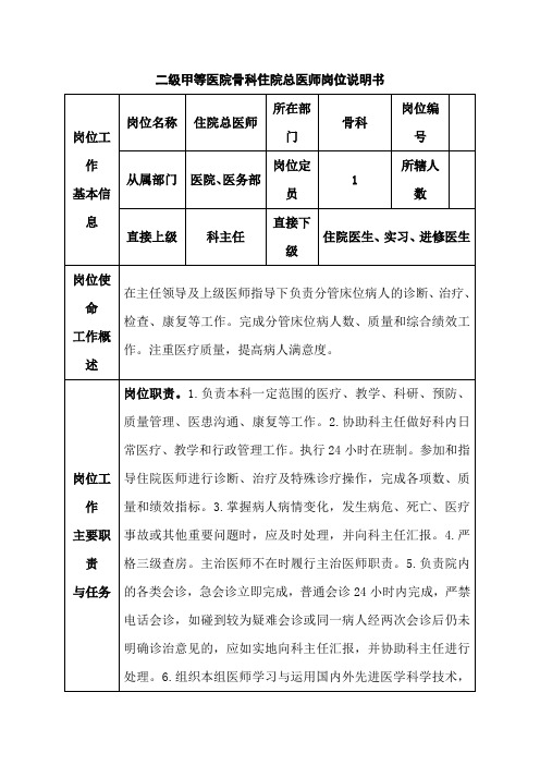 二级甲等医院骨科住院总医师岗位说明书