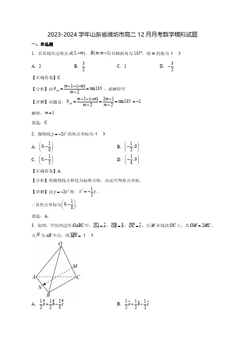 2023-2024学年山东省潍坊市高二12月月考数学质量检测模拟试题(含解析)