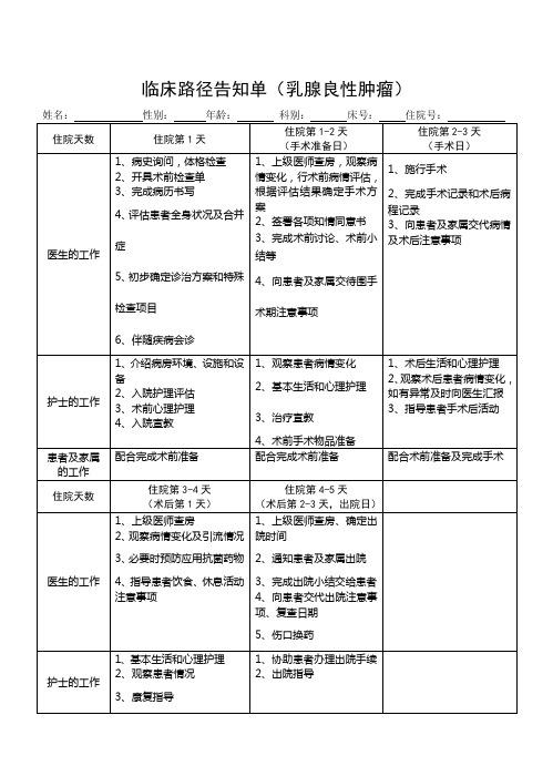 2016临床路径告知单(乳腺良性肿瘤),临床路径表单