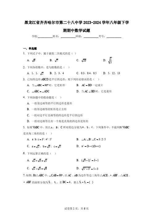 黑龙江省齐齐哈尔市第二十八中学2023-2024学年八年级下学期期中数学试题