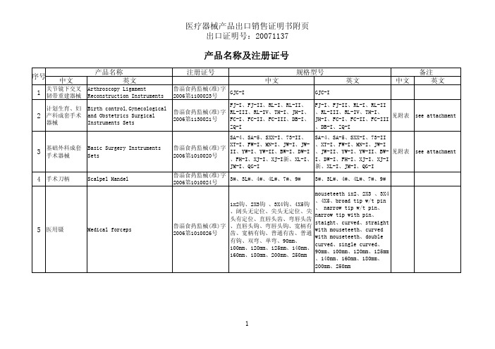 医疗器械产品出口销售证明书附页