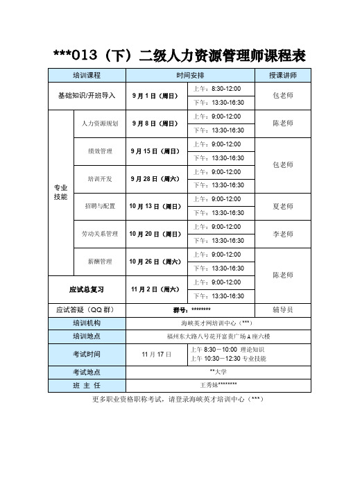 2013(下)二级人力资源管理师课程表【模板】