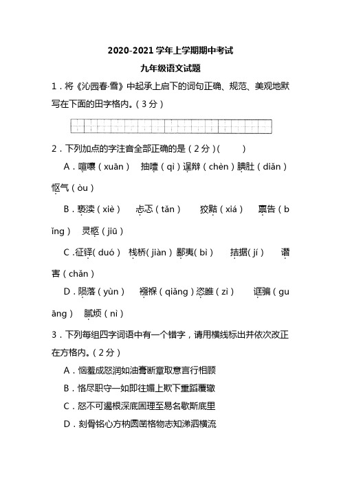 2020-2021学年上学期期中考试九年级语文