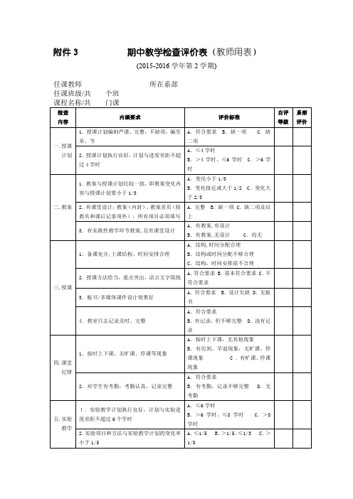 期中教学检查评价表