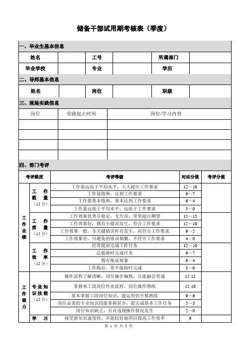 储备干部季度考核表