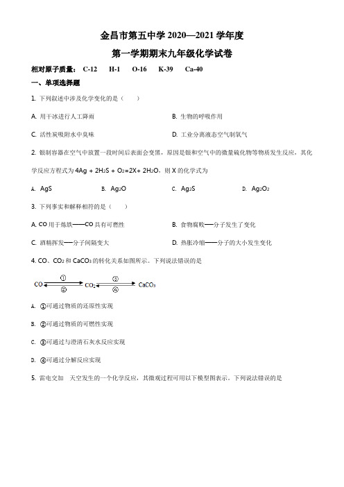 精品解析：甘肃省金昌市金川总校第五中学2020-2021学年九年级上学期期末化学试题(原卷版)