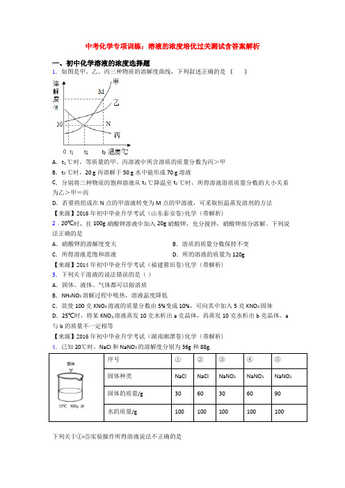 中考化学专项训练：溶液的浓度培优过关测试含答案解析