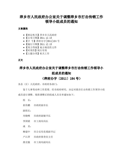 萍乡市人民政府办公室关于调整萍乡市打击传销工作领导小组成员的通知