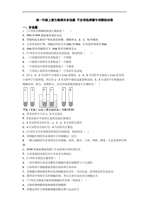 高一年级上册生物期末多选题 不定项选择题专项模拟试卷